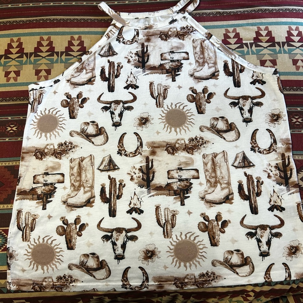 Western Print Tank Top - Brown and Cream